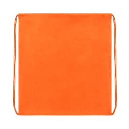 An orange drawstring bag with matching strings, featuring a logo on one side.