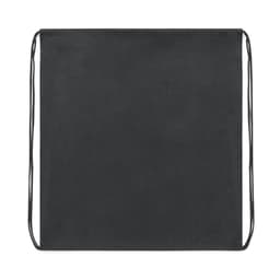 A black drawstring bag with shoulder straps and a plain design, featuring a small logo on one side.