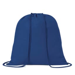 A blue drawstring bag with a corded closure and a simple design. It features a logo on the front.