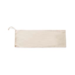 A light beige drawstring bag with a smooth surface and a pull string closure. It has a simple design.