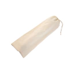 A drawstring bag in a light cream colour, designed for storing bread or similar items, featuring a branding logo.