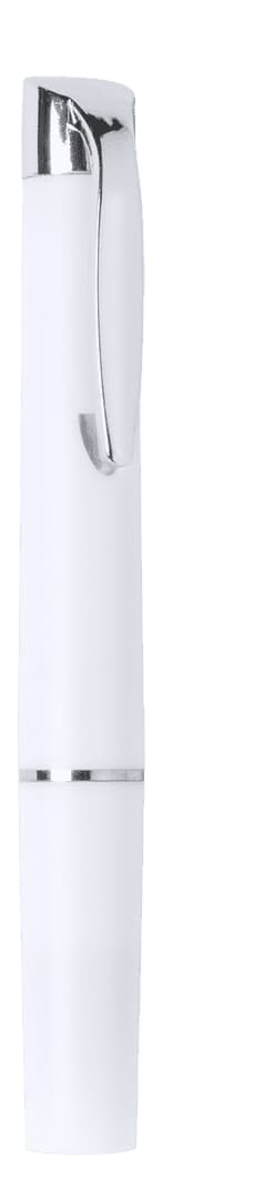 A sleek white pen with a chrome clip and a modern design. It features a silver band around the middle.
