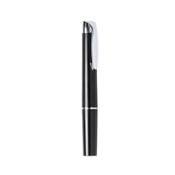 A sleek black pen with a silver clip and accents, featuring a simple, modern design.