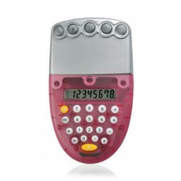 A pink calculator with a grey top and an LCD display, featuring a distinctive rounded button design.