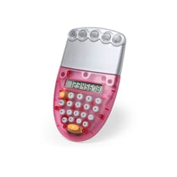 A pink calculator with a silver top, featuring a digital display and standard number keys, along with a logo.