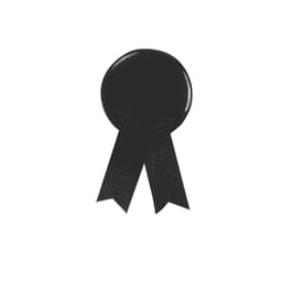 A black lapel pin featuring a round top and two black ribbon tails. It has a simple design and includes a logo.