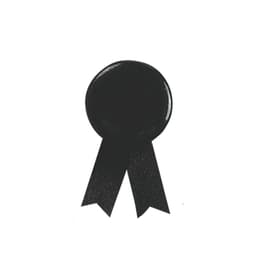 A black lapel pin with a round top and two ribbon tails, featuring a smooth surface and a logo.