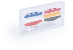 A rectangular, transparent case containing red, blue, yellow, grey, and white paint with a paintbrush.