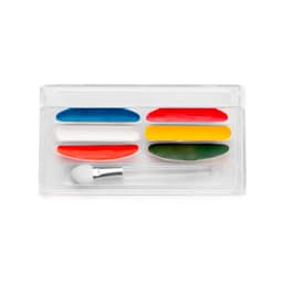 A set of six brightly coloured paints in a clear container, alongside a small applicator tool.