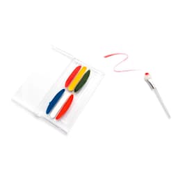 A set of colourful markers in red, yellow, green, and blue, with a white applicator tool in a clear case.