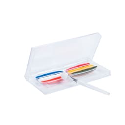 A transparent case containing colourful modelling clay sticks and a sculpting tool. Colour options include blue, red, yellow, green, and orange.