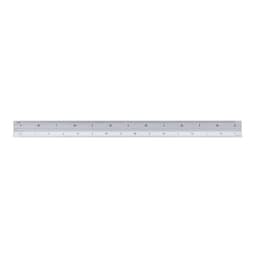 A clear plastic ruler with metric and imperial measurements, featuring a simple design and a slight transparency.