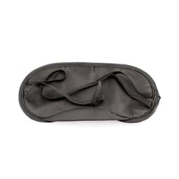 A black travel eye mask featuring elastic straps for a secure fit. It has a smooth, soft texture.