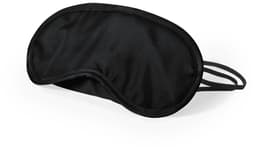 A black travel eye mask with a soft texture and adjustable straps for comfort. Features a logo on the side.