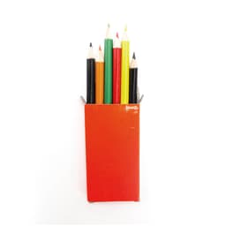 A set of coloured pencils in an orange box, featuring black, green, yellow, red, and orange pencils.