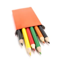 A set of six grey-lead pencils in various colours, packaged in an orange case.