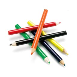 A set of six coloured pencils in green, yellow, red, orange, black, and blue, arranged in a star pattern.