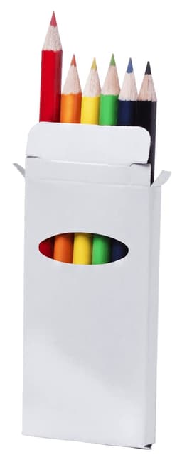 A pencil set in a white box featuring six coloured pencils and one black pencil, showcasing vibrant hues.