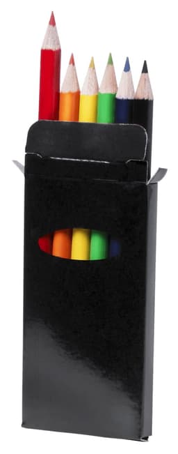 A black pencil set containing eight coloured pencils in red, green, blue, yellow, orange, and purple.