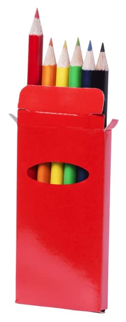 A red box containing a set of coloured pencils in various colours, including red, yellow, green, blue, and black.