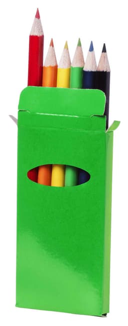 A green box containing a set of seven coloured pencils in various hues, including red, yellow, and blue.