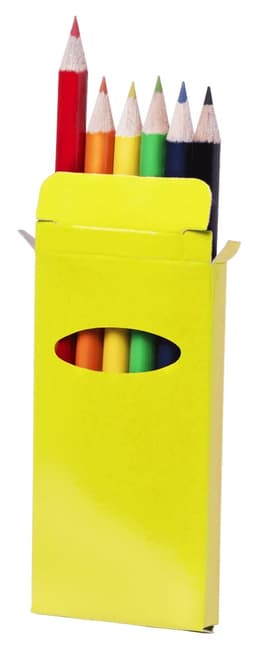 A yellow box containing a set of coloured pencils in various colours, including red, blue, and green.