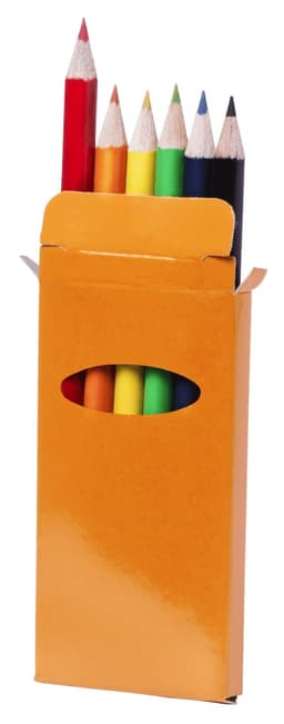 A pencil set in an orange box, featuring six colour pencils: red, green, blue, yellow, orange, and black.