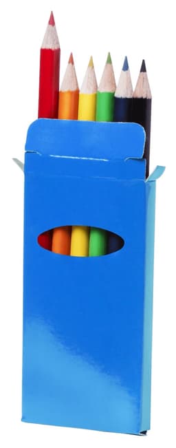A blue box containing a set of colourful pencils, including red, yellow, green, orange, blue, and black.