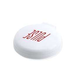 A circular white hairbrush with a mirror, featuring a logo in red. Compact and portable design.