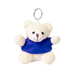 A soft, cream-coloured teddy bear keyring wearing a blue shirt, attached to a metal ring.