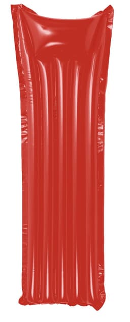 A red inflatable air mattress featuring vertical indentations for comfort. It includes a logo or branding.