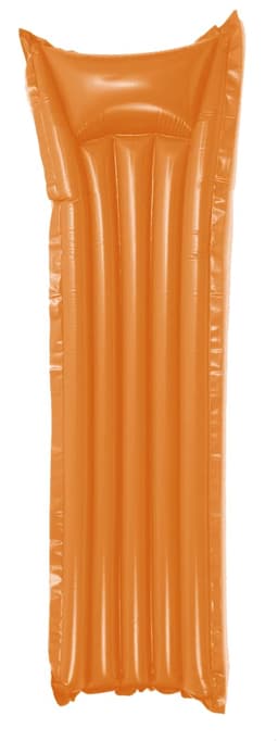 An orange inflatable air mattress with a rectangular shape and headrest. It features vertical grooves and has a logo.