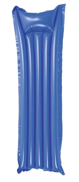 A blue inflatable air mattress featuring ribbed design and a built-in headrest, with branding visible.
