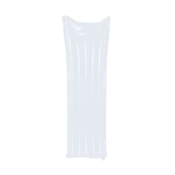 An inflatable lounge mattress in clear plastic, featuring vertical grooves for comfort and support.