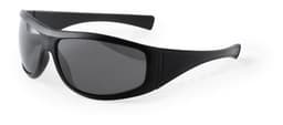Black sunglasses with a sleek design and dark lenses, featuring a logo on the side.