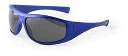 Blue sunglasses with black lenses and a modern design, featuring a logo on the side.