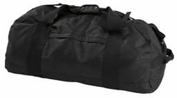 A black duffle bag with sturdy handles and a zippered pocket, featuring a simple logo on the side.
