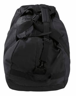A black duffle bag with a sturdy strap and handle, featuring a logo and a textured surface.
