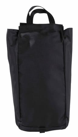 A black duffle bag made of textured fabric, featuring a top handle and a branding logo.