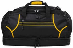 A black duffle bag with yellow accents and multiple zippered compartments. Features a sturdy handle and logo.