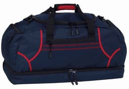 A navy blue duffle bag with red accents and a logo, featuring dual handles and zippered compartments.