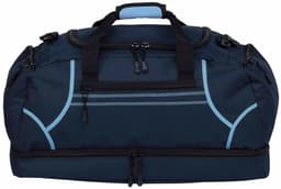 A navy duffle bag with light blue accents, featuring double zippers and carry handles, along with a logo on the side.
