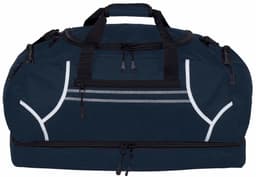 A dark blue duffle bag with black zippers and straps, featuring a logo on the front.