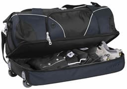 A wheeled travel bag in black, partially open, revealing grey and black clothing inside. It has a logo on the side.