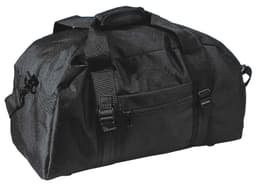 A black duffle bag with multiple straps, a front pocket, and branded logo. Ideal for sports and travel.