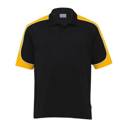 A black polo shirt with yellow accents on the sleeves, featuring a collar and buttons. Includes a logo.