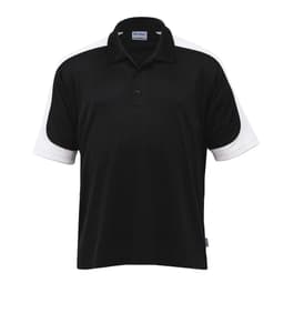 A black polo shirt with white sleeves and a collar, featuring a logo on the chest.