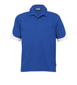 A blue polo shirt with white accents and a logo on the chest. Short sleeves and a classic collar design.
