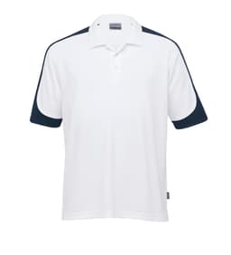 A white polo shirt with navy blue accents on the sleeves and a collar. It features a logo on the chest.