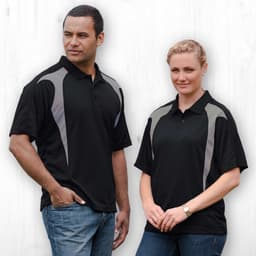 A black polo shirt featuring grey spliced panels, displayed on a male and female model. Includes a branding logo.